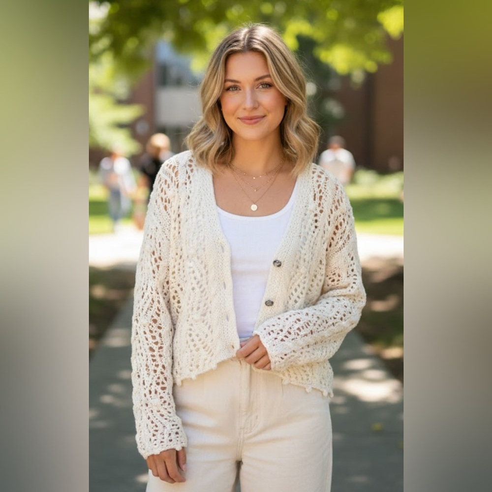 POL Cable-Knit Openwork V-Neck Button Up Cardigan Cream Color Oversized Sz S